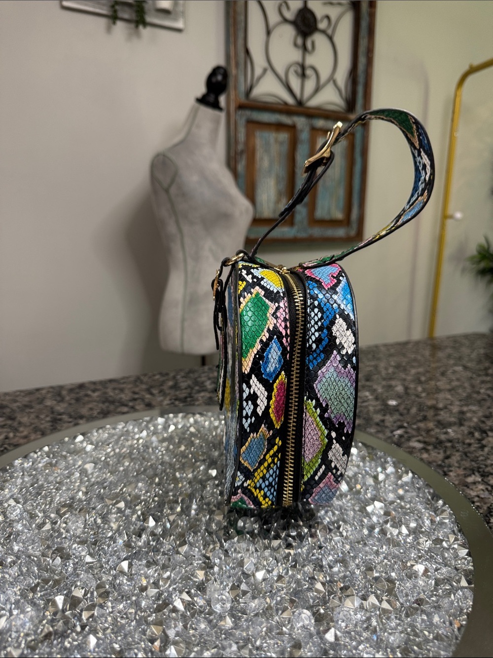 Multicolor Python-Print Round Wristlet mini Bag EUC - Picture 7 of 15